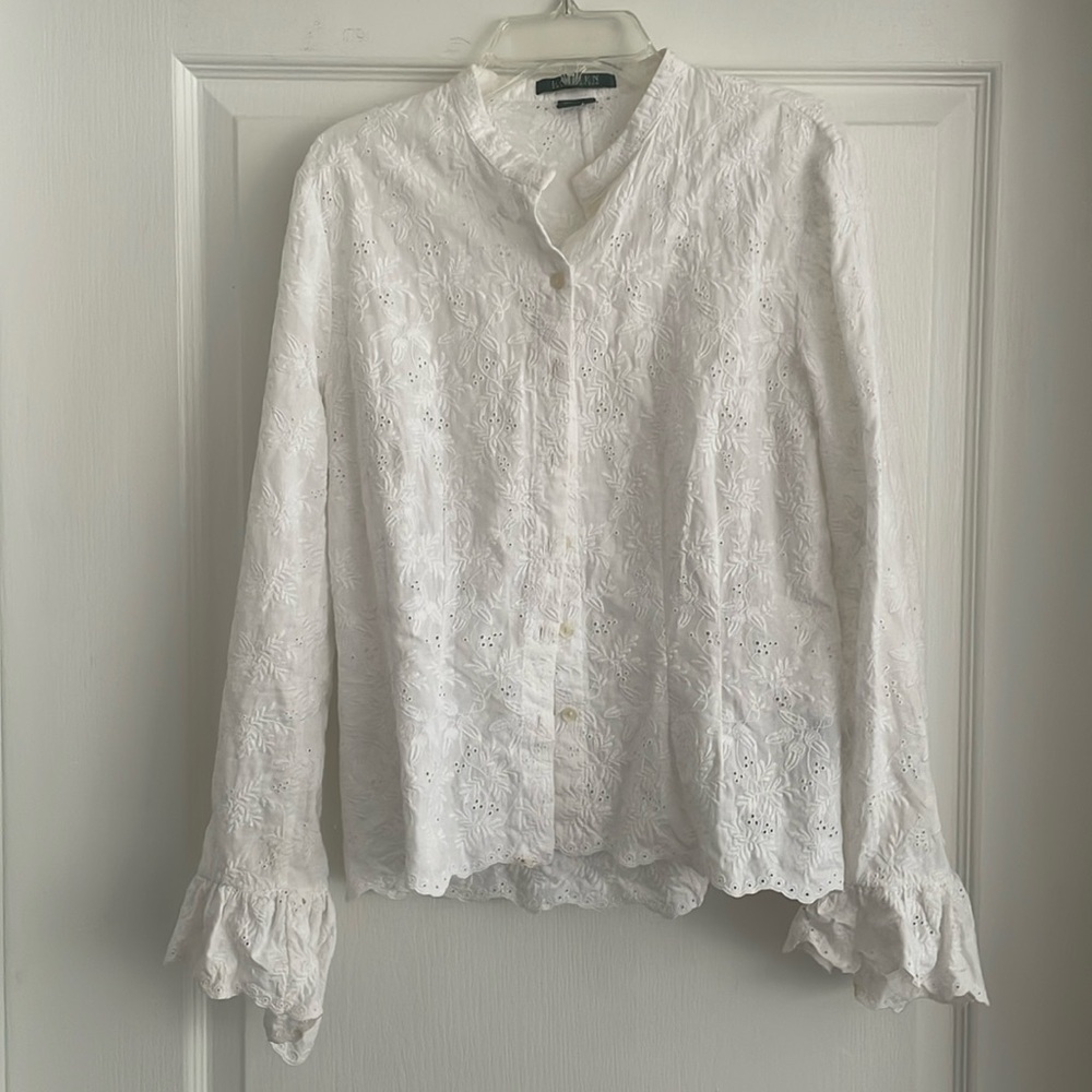 Ralph Lauren White Eyelet Ruffle Sleeve Button Up